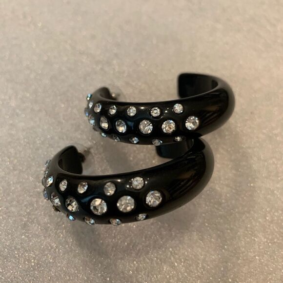 Large Huggie Hoop black Rhinestone Earrings - Picture 3 of 8